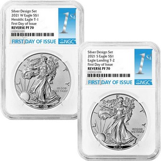 2021 Silver Eagle Reverse Proof Two-Coin Set NGC PF70 First Day Issue 1st Label