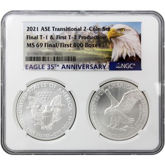 2021 Silver Eagle Transitional 2-Coin Set NGC MS69 Final Ty-1 & First Ty-2 Production Multiholder
