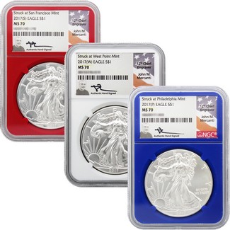 2017 Red, White & Blue Silver Eagle NGC MS70 Mercanti Signed Label 'Struck At' Set