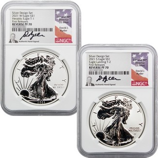 2021 Silver Eagle Reverse Proof Two-Coin Set NGC PF70 First Releases David J. Ryder Signed