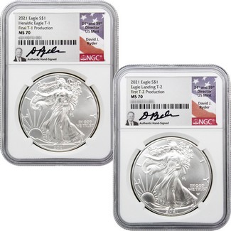 2021 SAE Transitional 2-Coin Set NGC MS70 Final Type-1 & First Type-2 Production David Ryder Signed