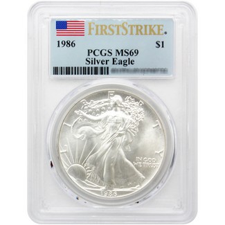 1986 Silver Eagle PCGS MS69 First Strike Flag Label