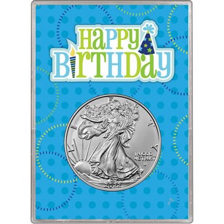 2022 Silver American Eagle BU in Blue Happy Birthday Gift Holder