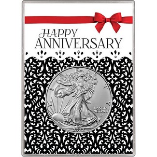 2022 Silver American Eagle BU in Happy Anniversary Red Bow Gift Holder