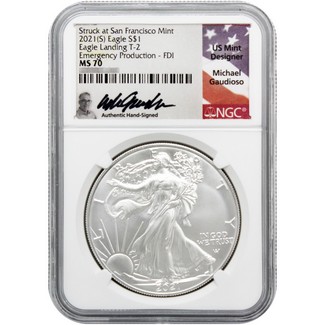 2021 (S) Struck at SF Eagle Landing Ty-2 Silver Eagle NGC MS70 Em. Production FDI Gaudioso Signed