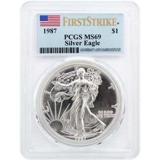1987 Silver Eagle PCGS MS69 First Strike Flag Label