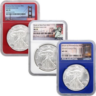 2016 (P)(W)(S) Silver Eagle Trio NGC MS70 Red White & Blue City Labels