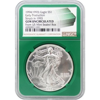 1994 (1993) Silver Eagle NGC GEM UNC Early Production Green Core