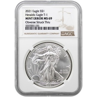 2021 Heraldic Type-1 Silver Eagle NGC Mint Error MS69 Obverse Struck Thru Brown Label