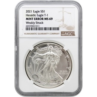 2021 Heraldic Type-1 Silver Eagle NGC Mint Error MS69 Weakly Struck Brown Label