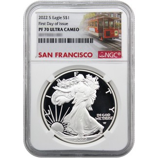 2022 S Proof Silver Eagle NGC PF70 Ultra Cameo First Day Issue Cable Car Label