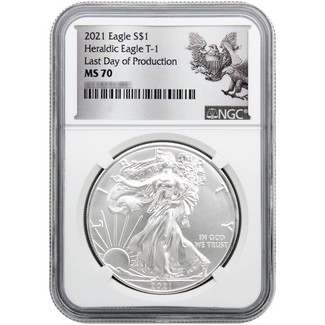 2021 Heraldic Ty-1 Silver Eagle NGC MS70 'Last Day of Production' Dual Reverse Label
