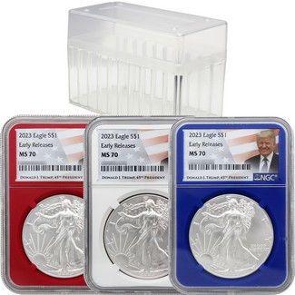 2023 Red, White, & Blue Silver Eagle Set NGC MS70 Early Releases Trump Labels