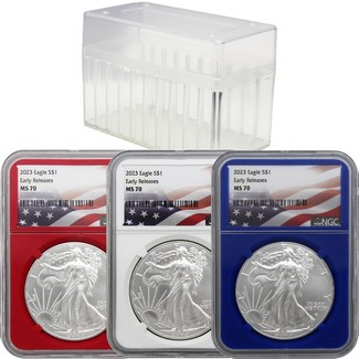 2023 Red, White, & Blue Silver Eagle Set NGC MS70 Early Releases Flag Labels