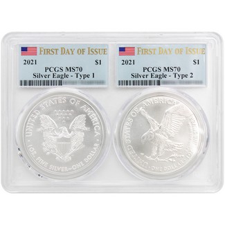 2021 Silver Eagle Type 1 & 2 PCGS MS70 First Day Issue Flag Label 2-Coin Set Multiholder