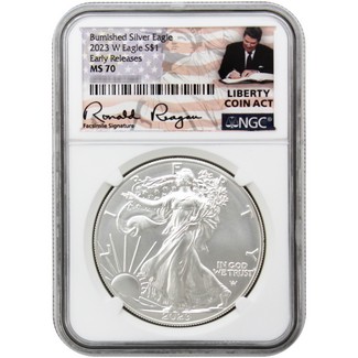 2023 W Burnished Silver Eagle NGC MS70 Early Releases White Core Reagan Liberty Coin Act Label