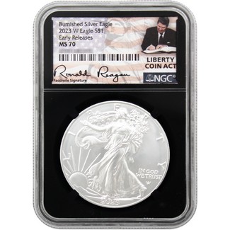2023 W Burnished Silver Eagle NGC MS70 Early Releases Black Core Reagan Liberty Coin Act Label
