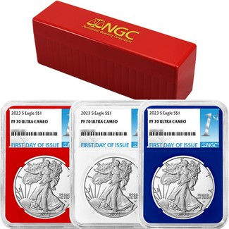 2023 S Red, White, & Blue Proof Silver Eagle Set NGC PF70 Ultra Cameo First Day Issue 1st Label