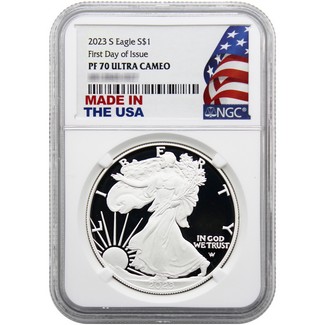 2023 S Proof Silver Eagle NGC PF70 Ultra Cameo First Day Issue Made in the USA Holder