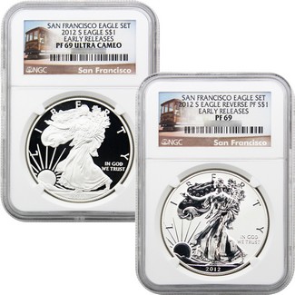 2012 S San Francisco 75th Anniversary Silver Eagle Set NGC PF69 ER Cable Car Label