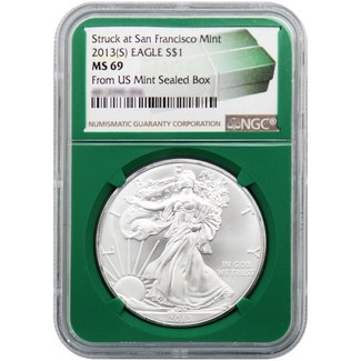 2013 (S) Struck at San Francisco Mint Silver Eagle NGC MS69 Green Core