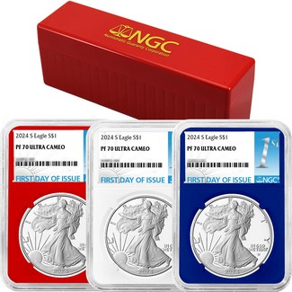 2024 S Proof Silver Eagle NGC PF70 UC FDI Red, White & Blue Core 3-Coin Set 1st Label