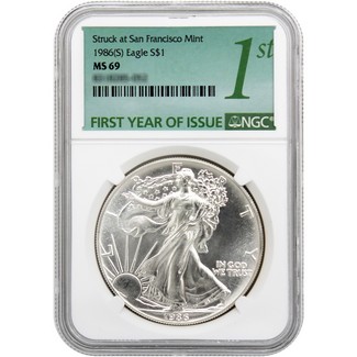 1986 (S) Silver Eagle NGC MS69 Struck at San Francisco First Year Issue Label