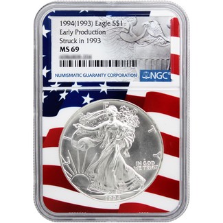 1994 (1993) Silver Eagle NGC MS69 Early Production Flag Core