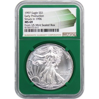 1997 (1996) Silver Eagle NGC MS69 Early Production Green Core