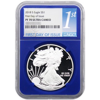 2018 S Proof Silver Eagle NGC PF70 UC FDI Blue Core 1st Label