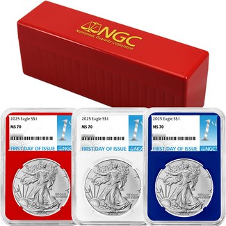 2025 Silver Eagle NGC MS70 Red, White & Blue Core Set 1st Label