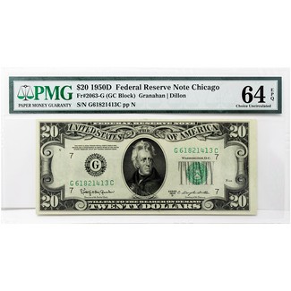 Series 1950-D $20 Federal Reserve Note PMG Choice UNC 64 Exceptional Paper Quality