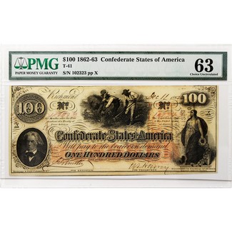 1862-63 $100 Confederate States of America Note PMG 63