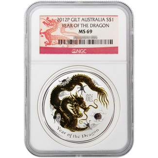 2012 P Australia $1 Year of the Dragon 1oz Gilded NGC MS69 Dragon Label