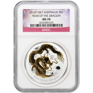 2012 P Australia $1 Year of the Dragon 1oz Gilded NGC MS70 Flag Label
