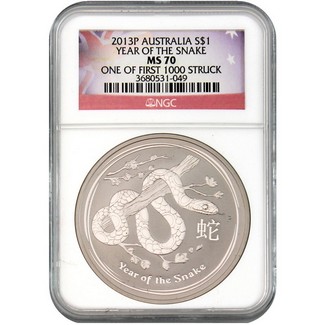 2013 P Australia $1 1oz Silver Year of the Snake NGC MS70 1 of First 1000 Struck