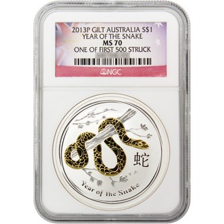 2013 P Australia $1 Gilded Silver Year of the Snake NGC MS70 One of First 500 Struck