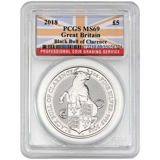 2018 GB Queen's Beasts ‘Black Bull of Clarence"  Silver 2 oz. PCGS MS69 Flag Label