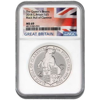 2018 GB Queen's Beasts ‘Black Bull of Clarence"  Silver 2 oz. NGC MS69 Flag Label