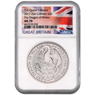 2017 GB Queen's Beasts 'Dragon of Wales"  Silver 2 oz NGC MS70  Flag Label