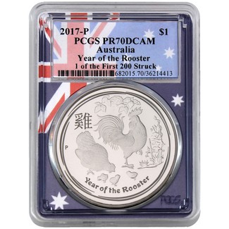 2017 P $1 Australia Year of the Rooster 1oz PCGS PR70 DCAM Flag Picture Frame 1 of 1st 200 Struck