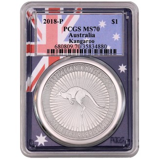 2018 Australia 1oz Silver Kangaroo PCGS MS70 Flag Frame