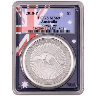 2018 Australia 1oz Silver Kangaroo PCGS MS69 Flag Frame