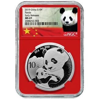 2019 Silver China Panda NGC MS69 Early Releases Red Core Panda Label