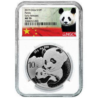 2019 Silver China Panda NGC MS70 Early Releases White Core Panda Label
