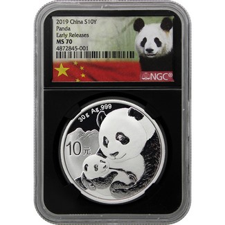 2019 Silver China Panda NGC MS70 Early Releases Black Core Panda Label