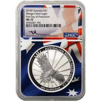 2019 P Wedge Tailed Eagle 1oz Silver NGC MS70 First Day of Production Flag Core Mercanti Signed