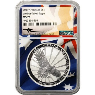 2019 P Australia Wedge Tailed Eagle 1oz Silver NGC MS70 Flag Core Mercanti Signed