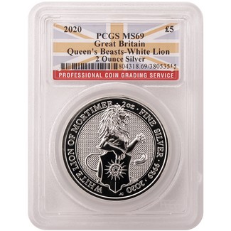 2020 GB Queen's Beasts ‘White Lion of Mortimer' 2oz Silver PCGS MS69 Flag Label