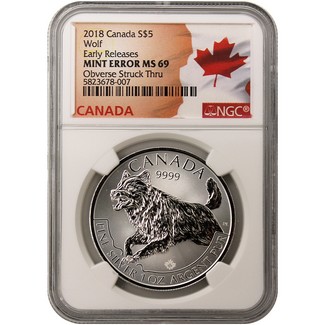 2018 Canada Predator Series Wolf Silver 1oz Mint Error Coin NGC MS69 ER Flag Label